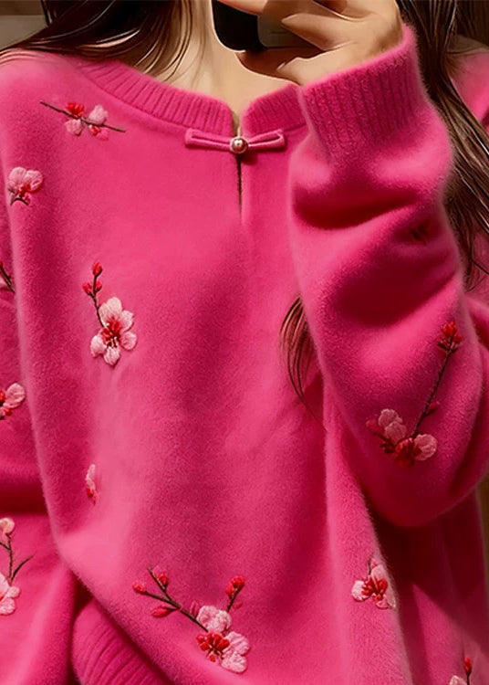 Chinese Style Rose Print Cozy Knit Sweater Spring