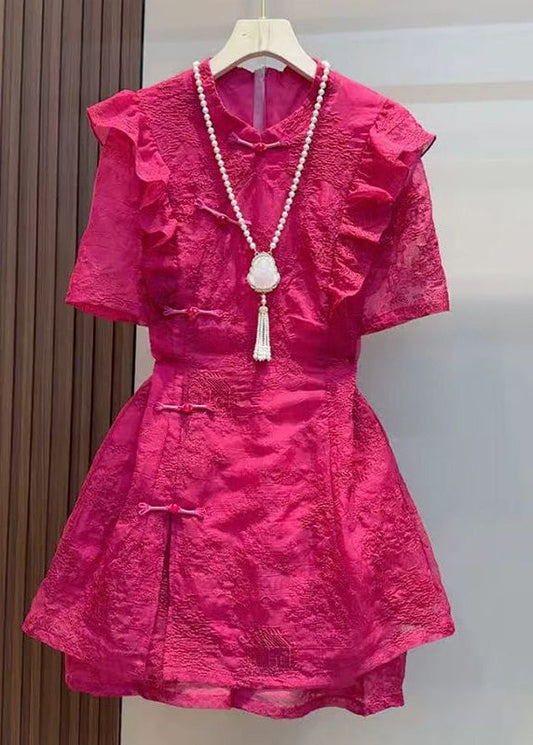 Chinese Style Rose Ruffled Patchwork Cotton Two Pieces Set Summer