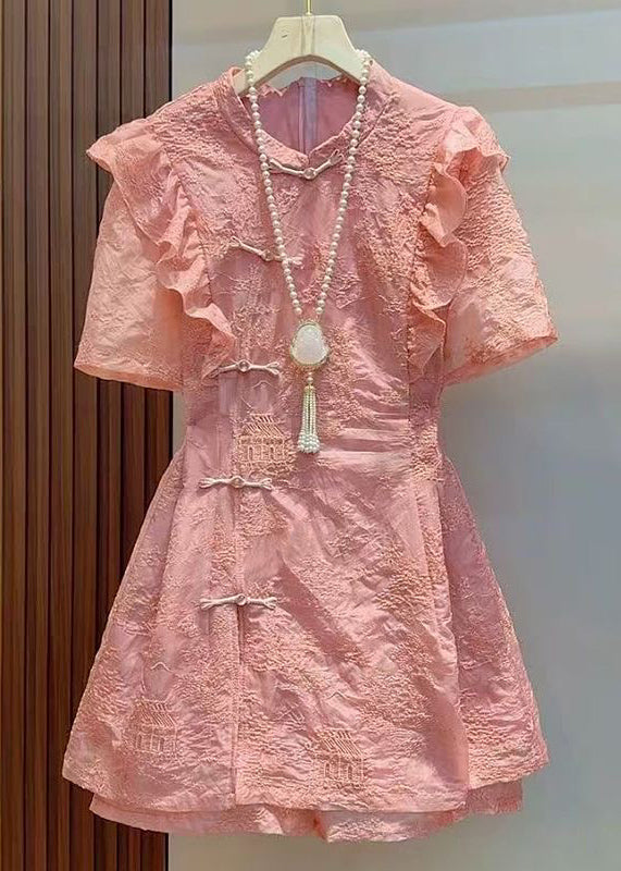 Chinese Style Rose Ruffled Patchwork Cotton Two Pieces Set Summer