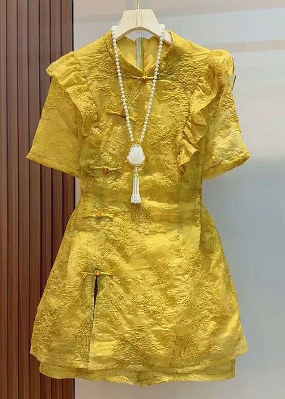 Chinese Style Rose Ruffled Patchwork Cotton Two Pieces Set Summer