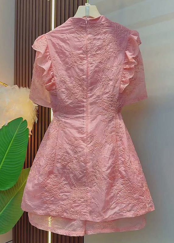 Chinese Style Rose Ruffled Patchwork Cotton Two Pieces Set Summer