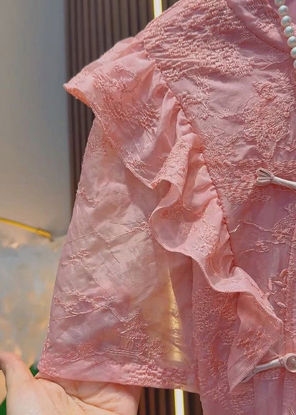 Chinese Style Rose Ruffled Patchwork Cotton Two Pieces Set Summer