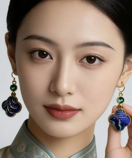 Chinese Style Royal Blue Sterling Silver Overgild Four-Leaf Clover Drop Earrings