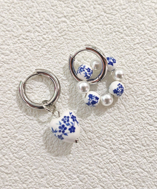 Chinese Style Silk Blue Stainless Steel Heart-Shaped Ceramics Asymmetrica Hoop Earrings