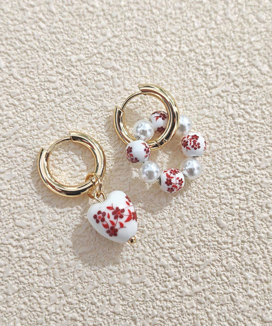 Chinese Style Silk Blue Stainless Steel Heart-Shaped Ceramics Asymmetrica Hoop Earrings