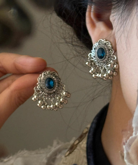 Chinese Style Silk Sterling Silver Gem Stone Pearl Stud Earrings