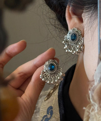 Chinese Style Silk Sterling Silver Gem Stone Pearl Stud Earrings