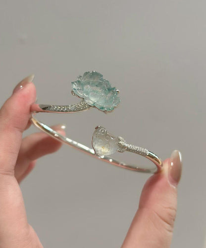 Chinese Style Silk Sterling Silver Jade Lotus Cuff
