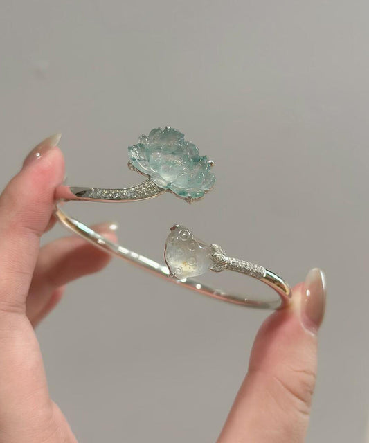 Chinese Style Silk Sterling Silver Jade Lotus Cuff
