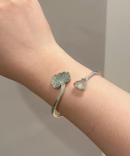 Chinese Style Silk Sterling Silver Jade Lotus Cuff
