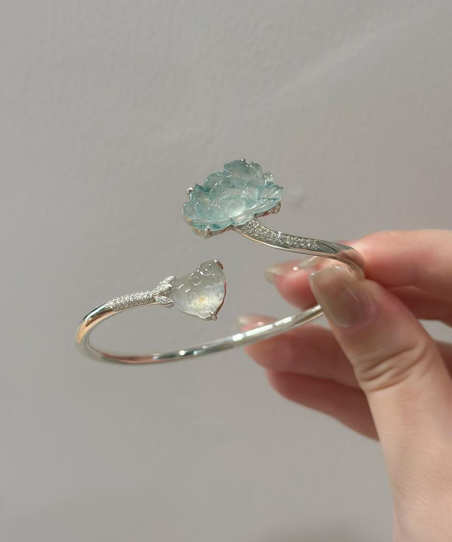 Chinese Style Silk Sterling Silver Jade Lotus Cuff