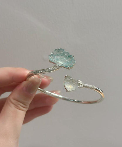 Chinese Style Silk Sterling Silver Jade Lotus Cuff