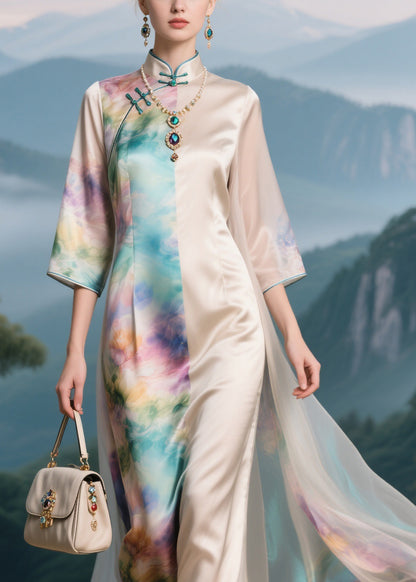 Chinese Style Stand Collar Button Silk Long Dress Summer