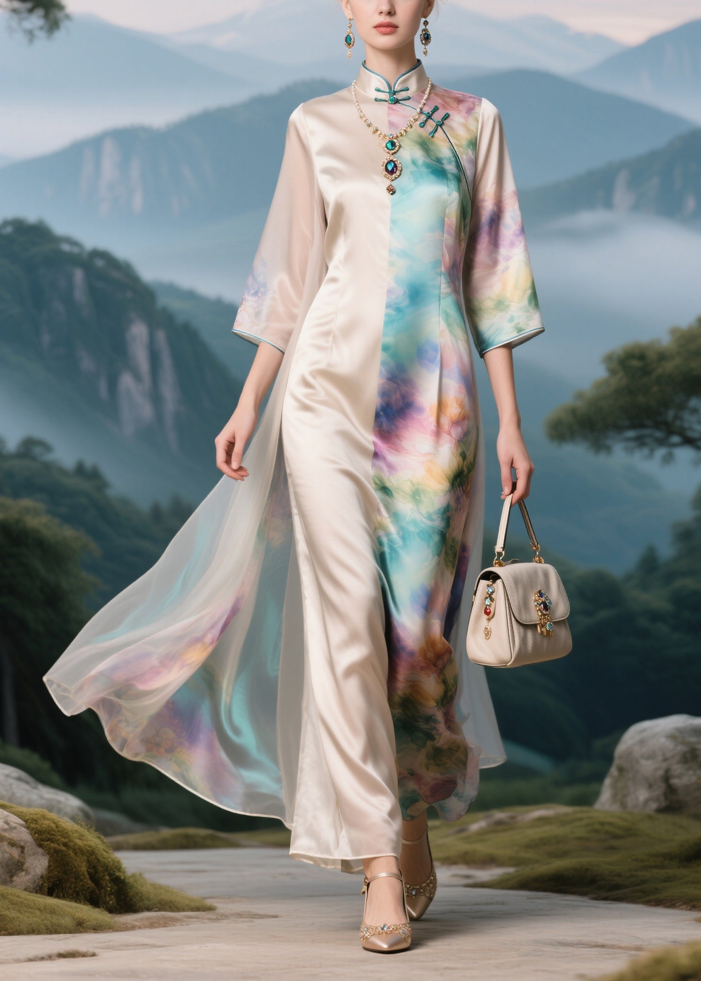 Chinese Style Stand Collar Button Silk Long Dress Summer