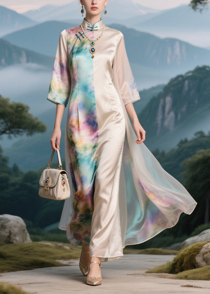 Chinese Style Stand Collar Button Silk Long Dress Summer