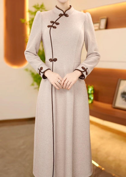 Chinese Style Stand Collar Oriental Button Cotton Long Dress Spring