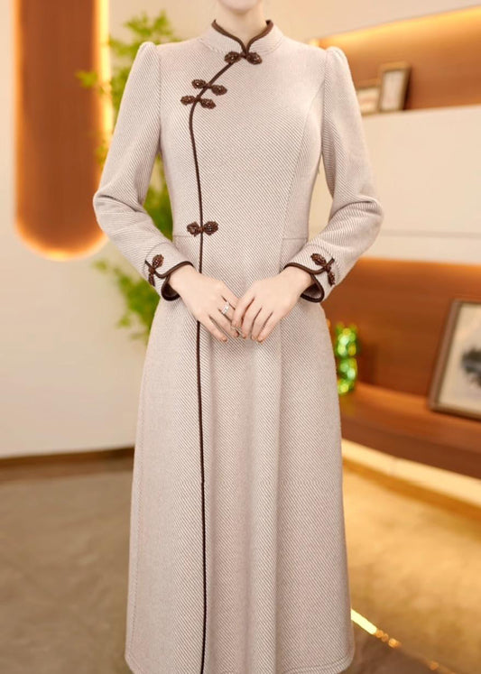 Chinese Style Stand Collar Oriental Button Cotton Long Dress Spring