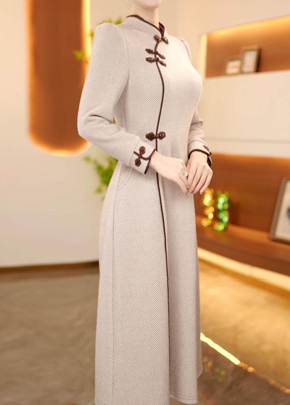 Chinese Style Stand Collar Oriental Button Cotton Long Dress Spring