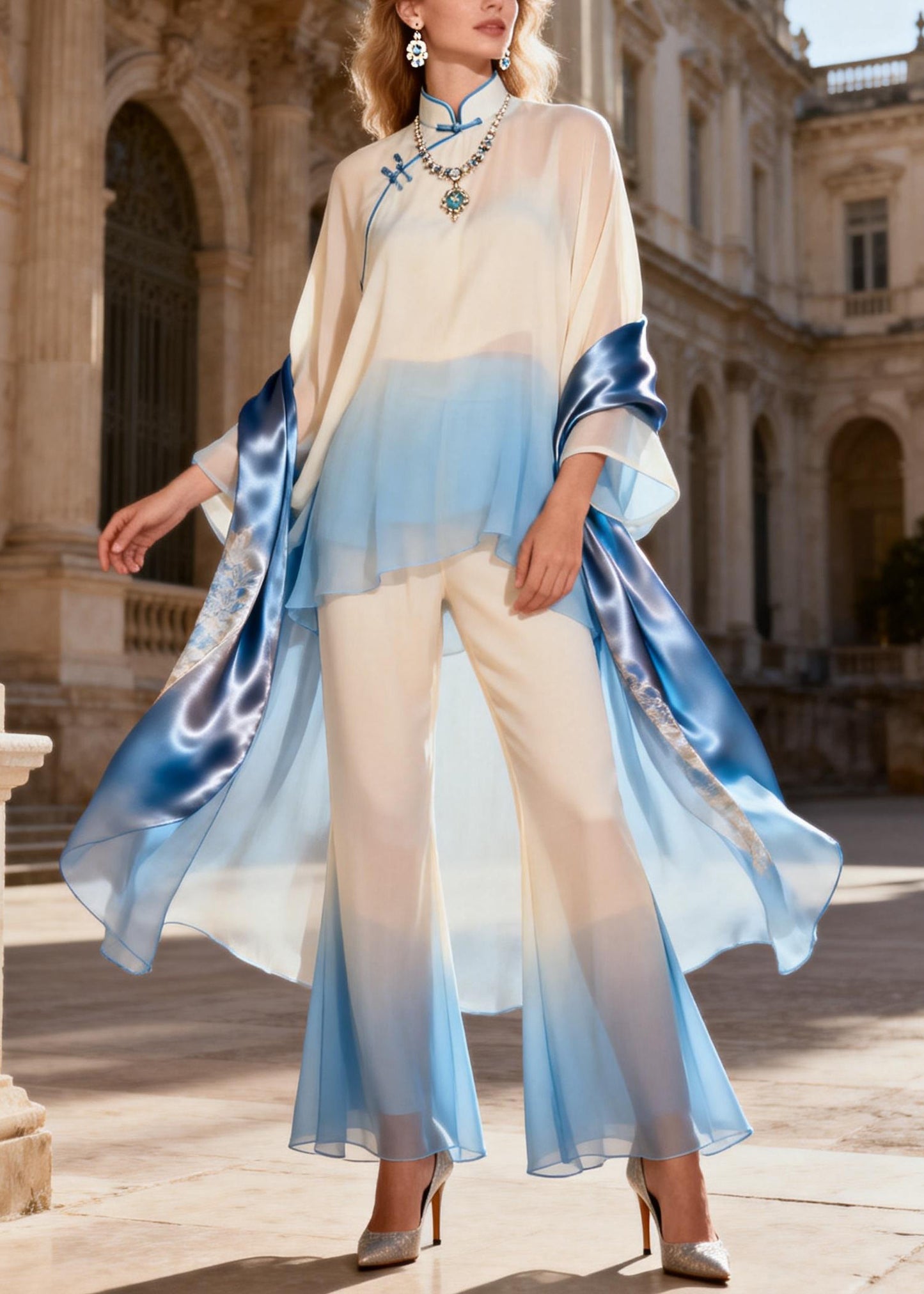 Chinese Style Stand Collar Oriental Button Silk Two Pieces Set Spring