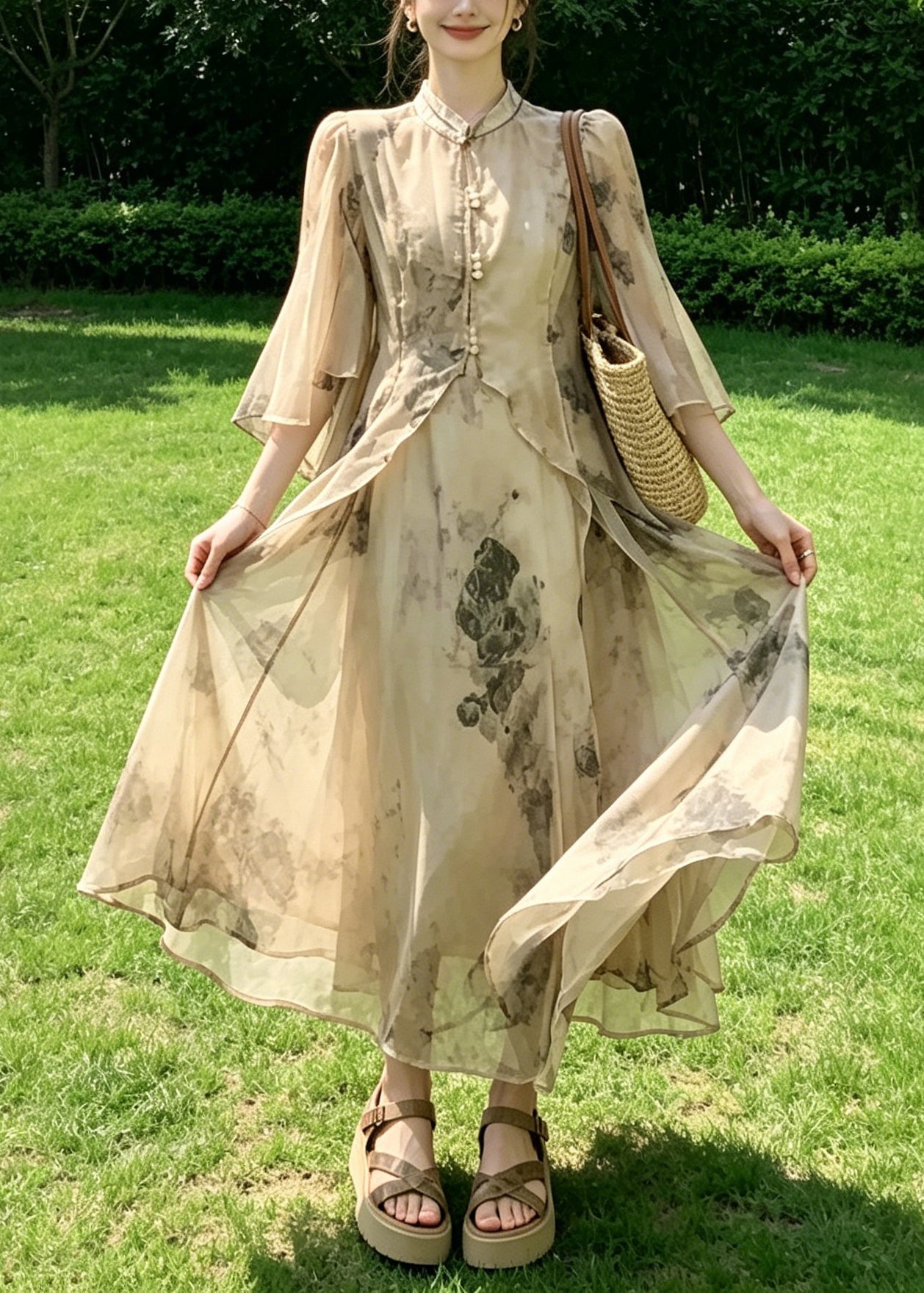 Chinese Style Stand Collar Print Cardigans And Maxi Spaghetti Strap Two Pieces Set Summer