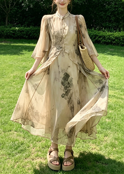 Chinese Style Stand Collar Print Cardigans And Maxi Spaghetti Strap Two Pieces Set Summer