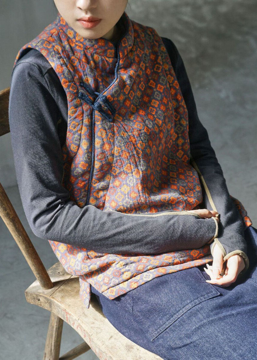 Chinese Style Stand Collar Print Fine Cotton Filled Vest Winter