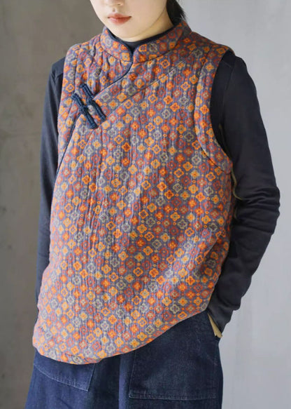 Chinese Style Stand Collar Print Fine Cotton Filled Vest Winter