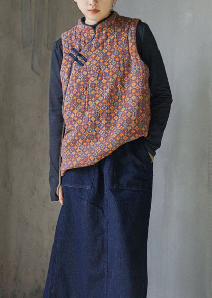 Chinese Style Stand Collar Print Fine Cotton Filled Vest Winter
