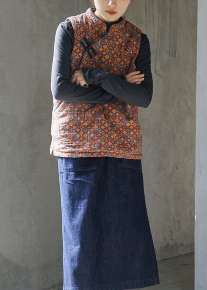 Chinese Style Stand Collar Print Fine Cotton Filled Vest Winter