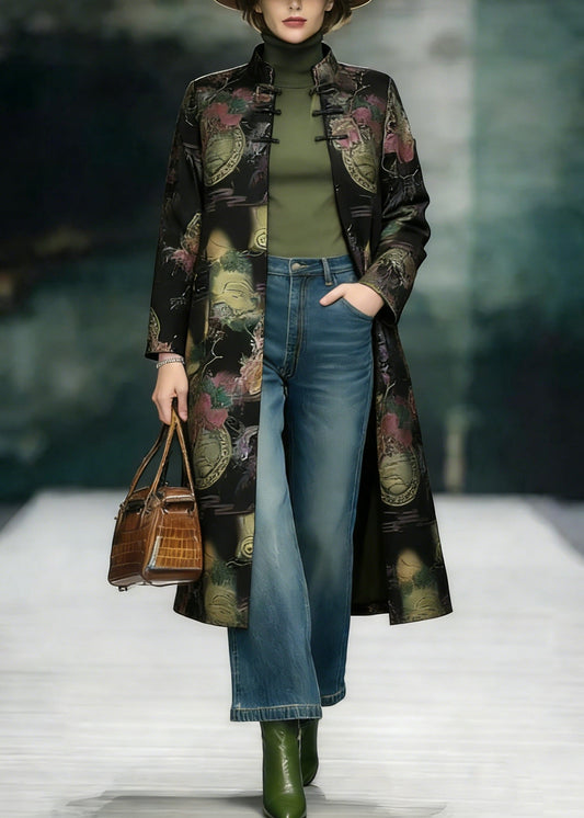 Chinese Style Stand Collar Print Oriental Button Cotton Coats Spring