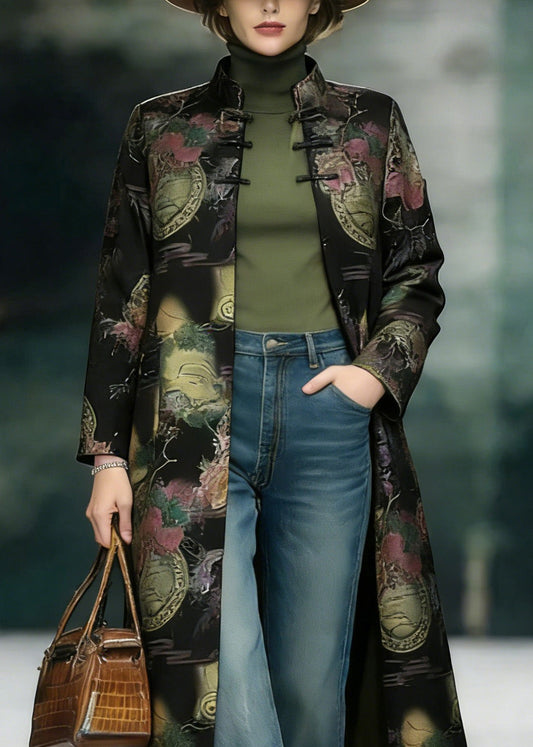 Chinese Style Stand Collar Print Oriental Button Cotton Coats Spring