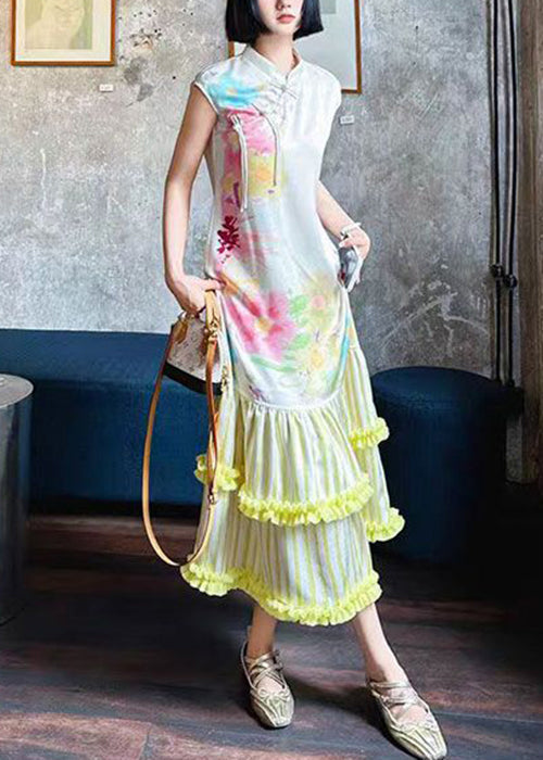 Chinese Style Stand Collar Print Ruffled Silk Long Dresses Summer