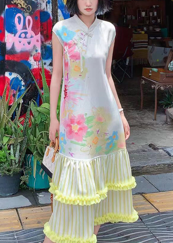 Chinese Style Stand Collar Print Ruffled Silk Long Dresses Summer