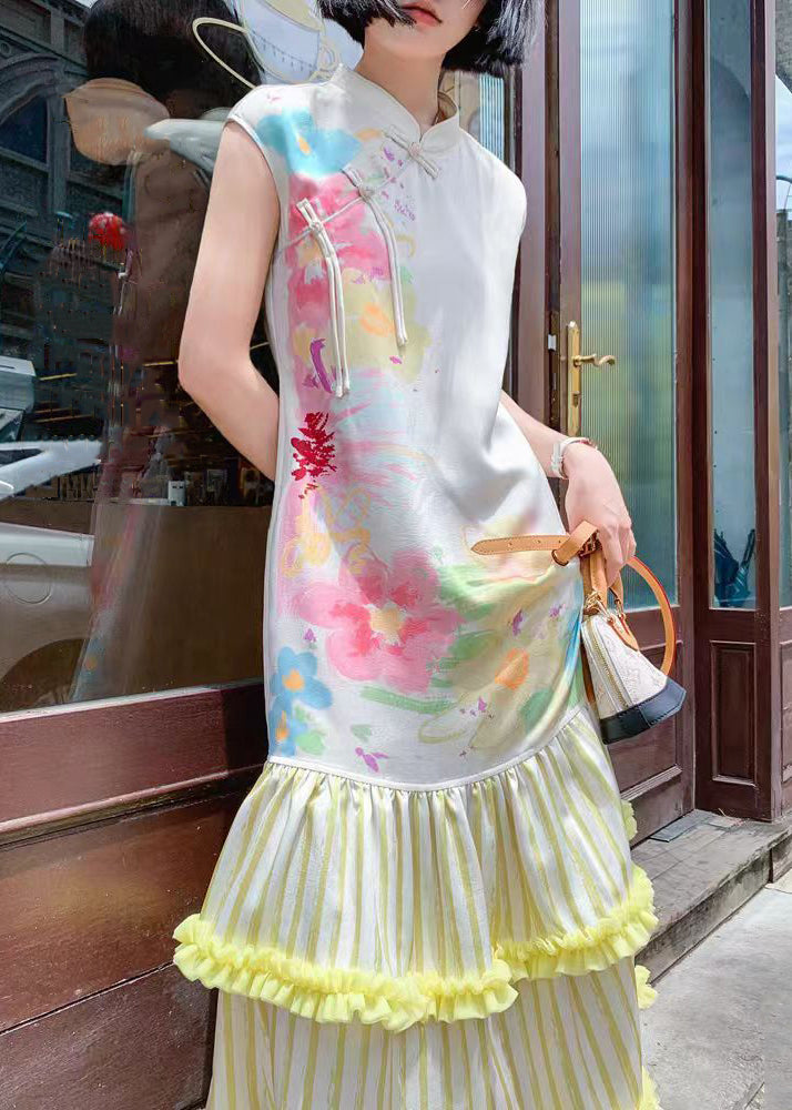 Chinese Style Stand Collar Print Ruffled Silk Long Dresses Summer