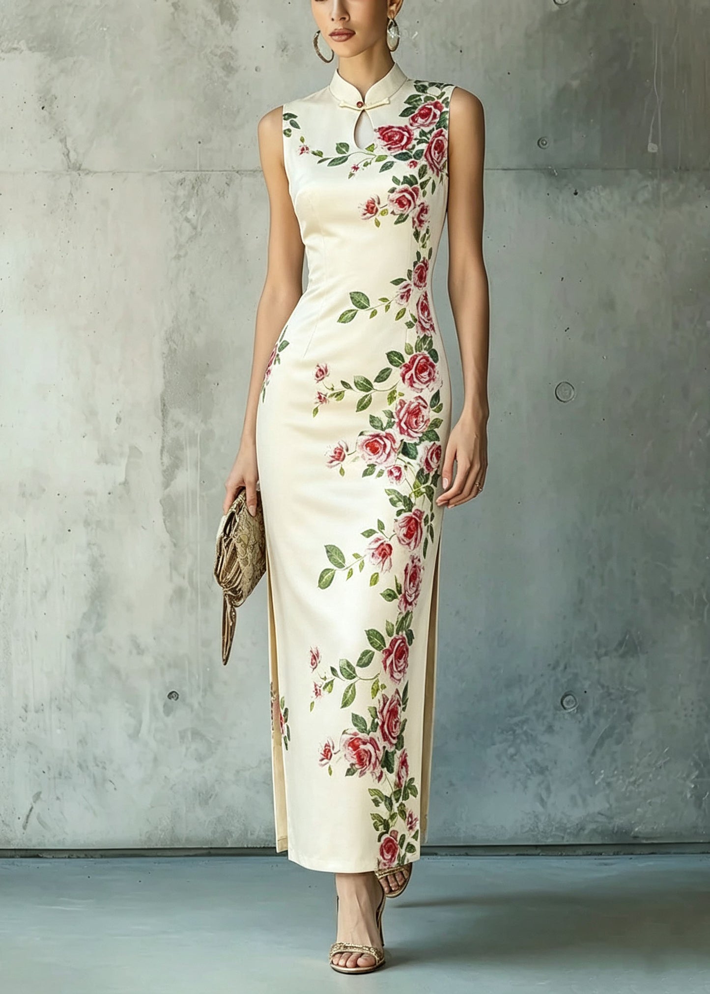 Chinese Style Stand Collar Print Side Open Cotton Dresses Summer