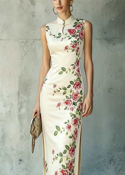 Chinese Style Stand Collar Print Side Open Cotton Dresses Summer