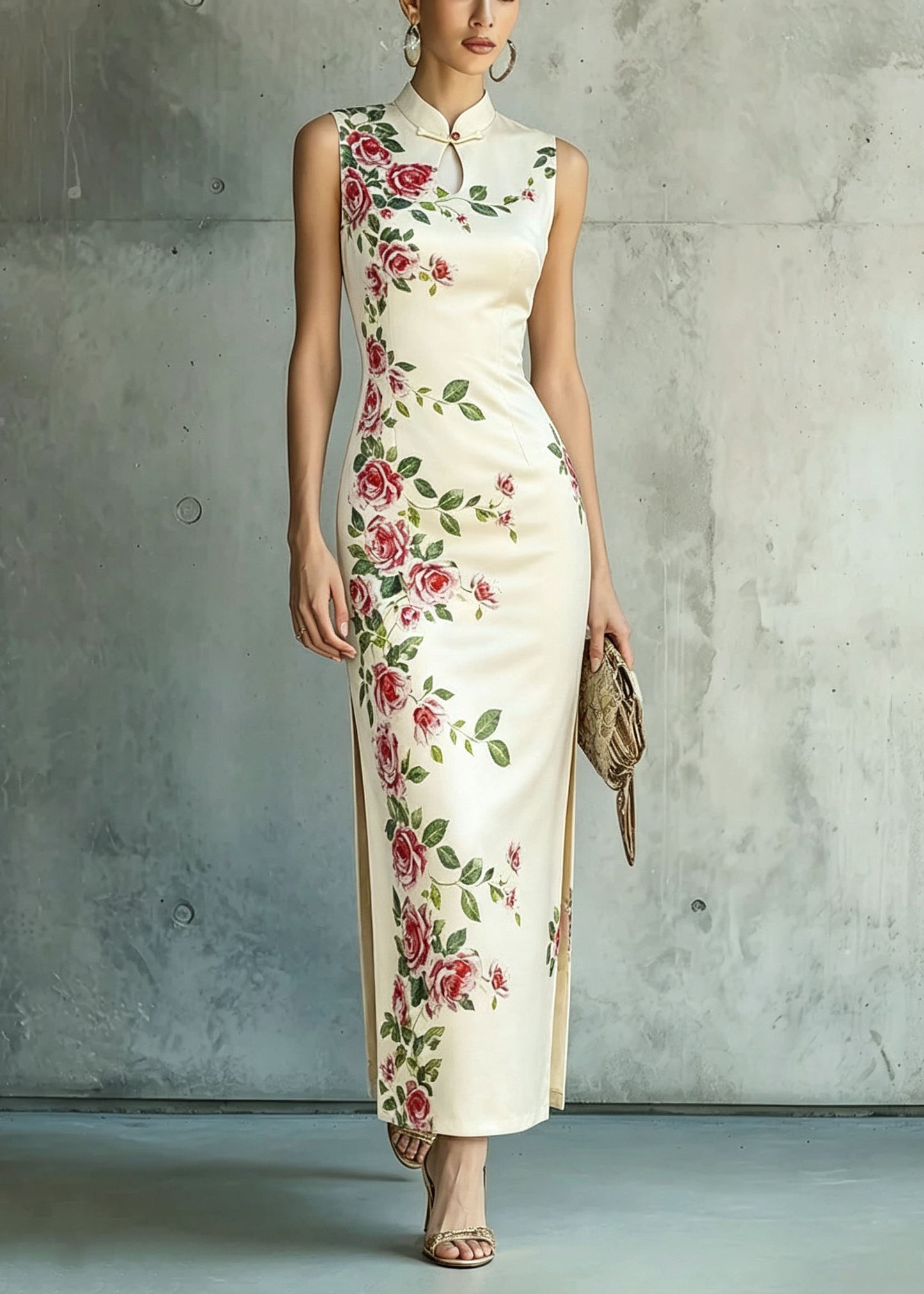 Chinese Style Stand Collar Print Side Open Cotton Dresses Summer