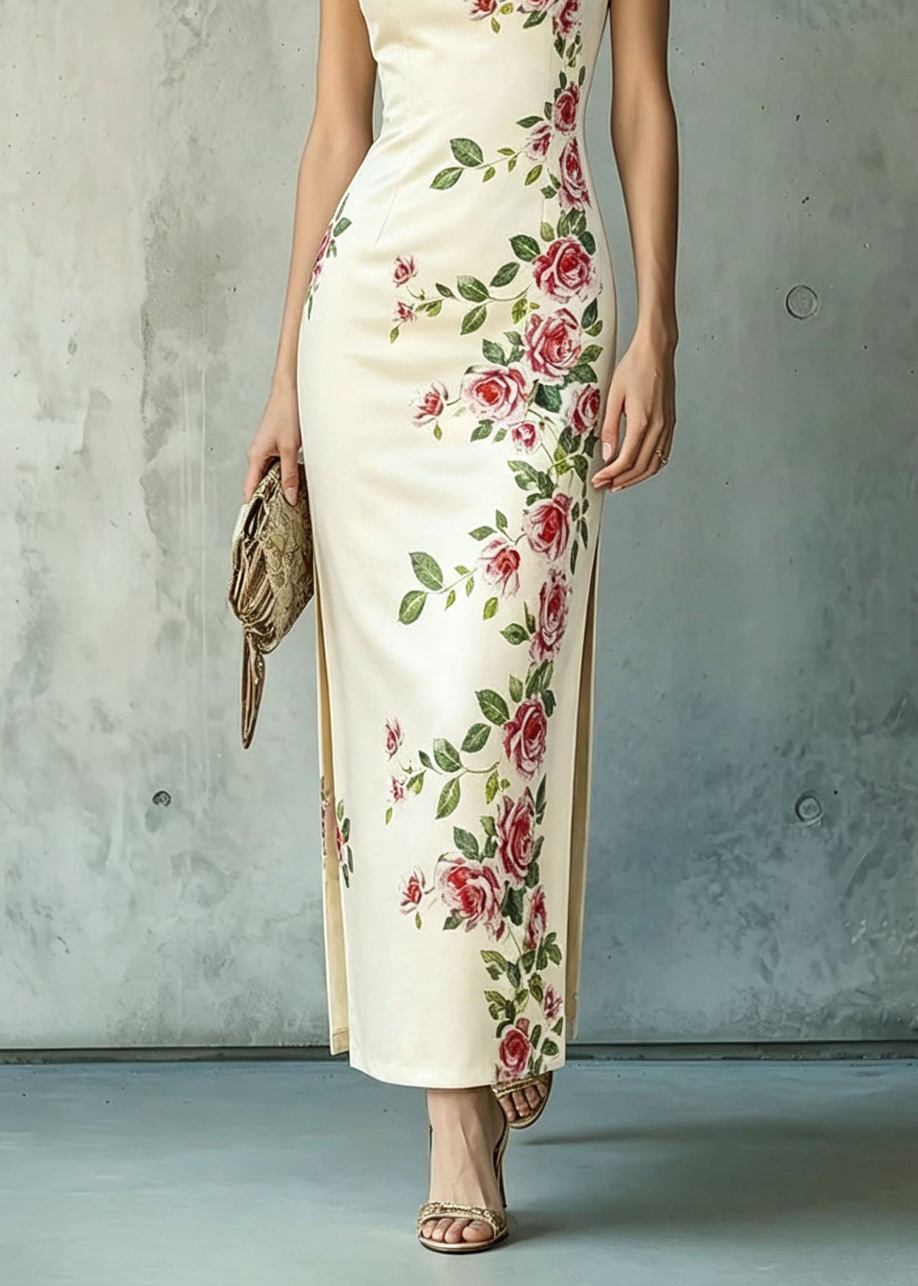 Chinese Style Stand Collar Print Side Open Cotton Dresses Summer
