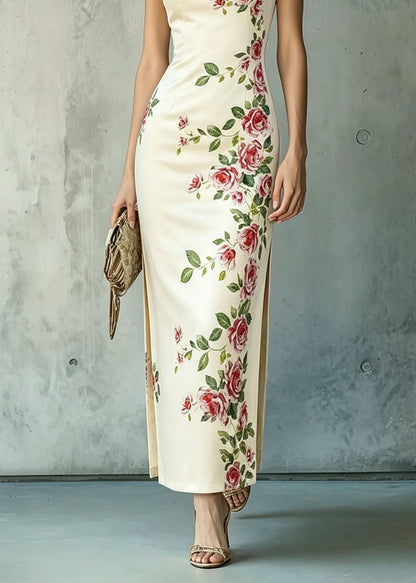 Chinese Style Stand Collar Print Side Open Cotton Dresses Summer