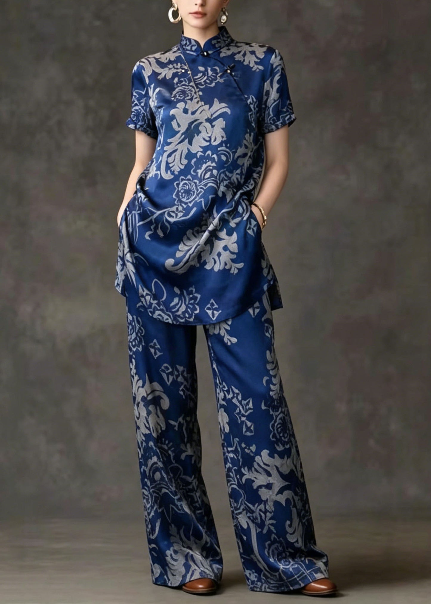 Chinese Style Stand Collar Print Silk Two Pieces Set Summer