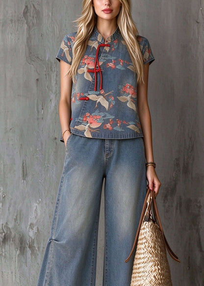 Chinese Style Stand Collar Ruffled Tassel Print Denim Set Summer