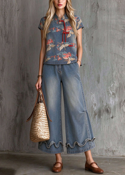 Chinese Style Stand Collar Ruffled Tassel Print Denim Set Summer
