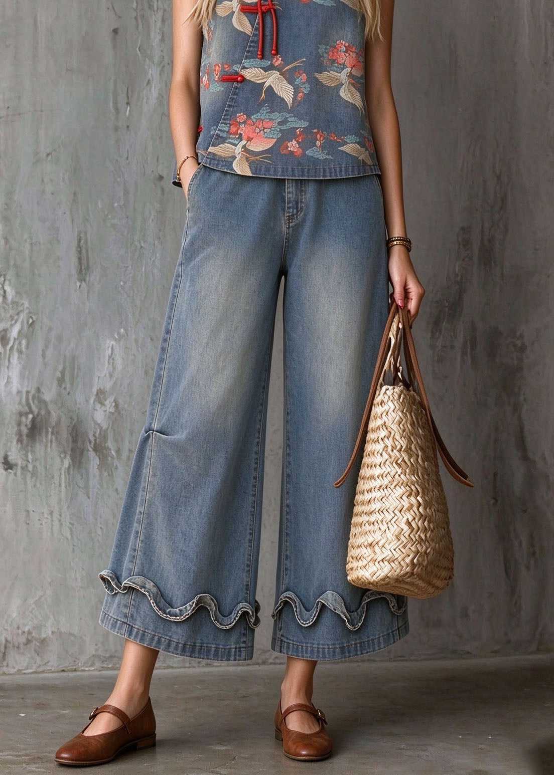 Chinese Style Stand Collar Ruffled Tassel Print Denim Set Summer