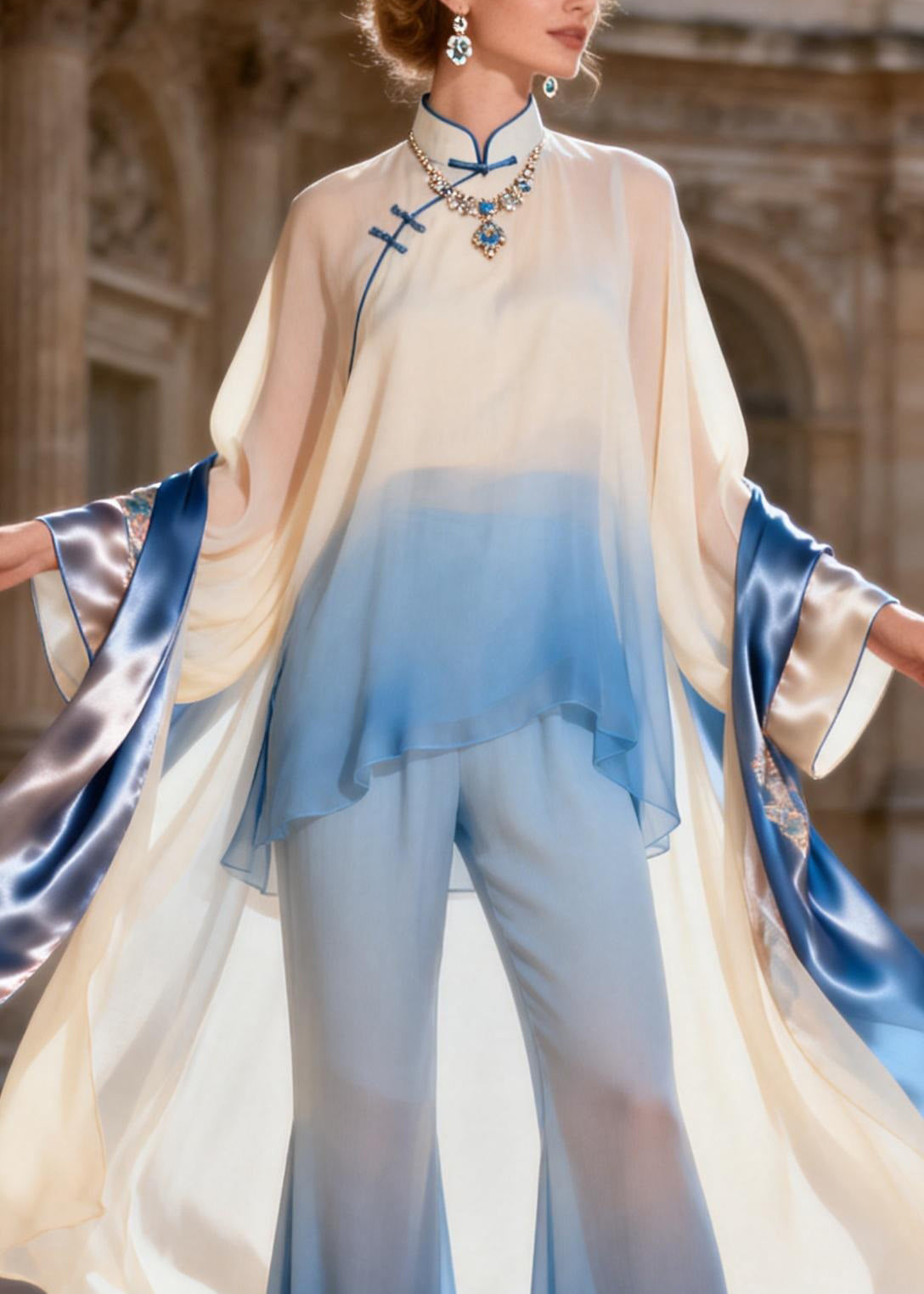 Chinese Style Stand Collar Silk Shirts And Flared Trousers Two Pieces Set Spring