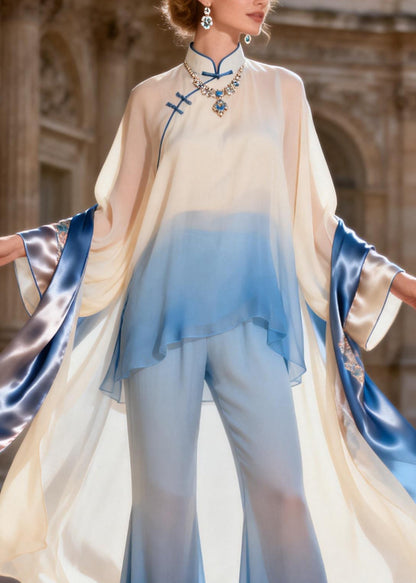 Chinese Style Stand Collar Silk Shirts And Flared Trousers Two Pieces Set Spring