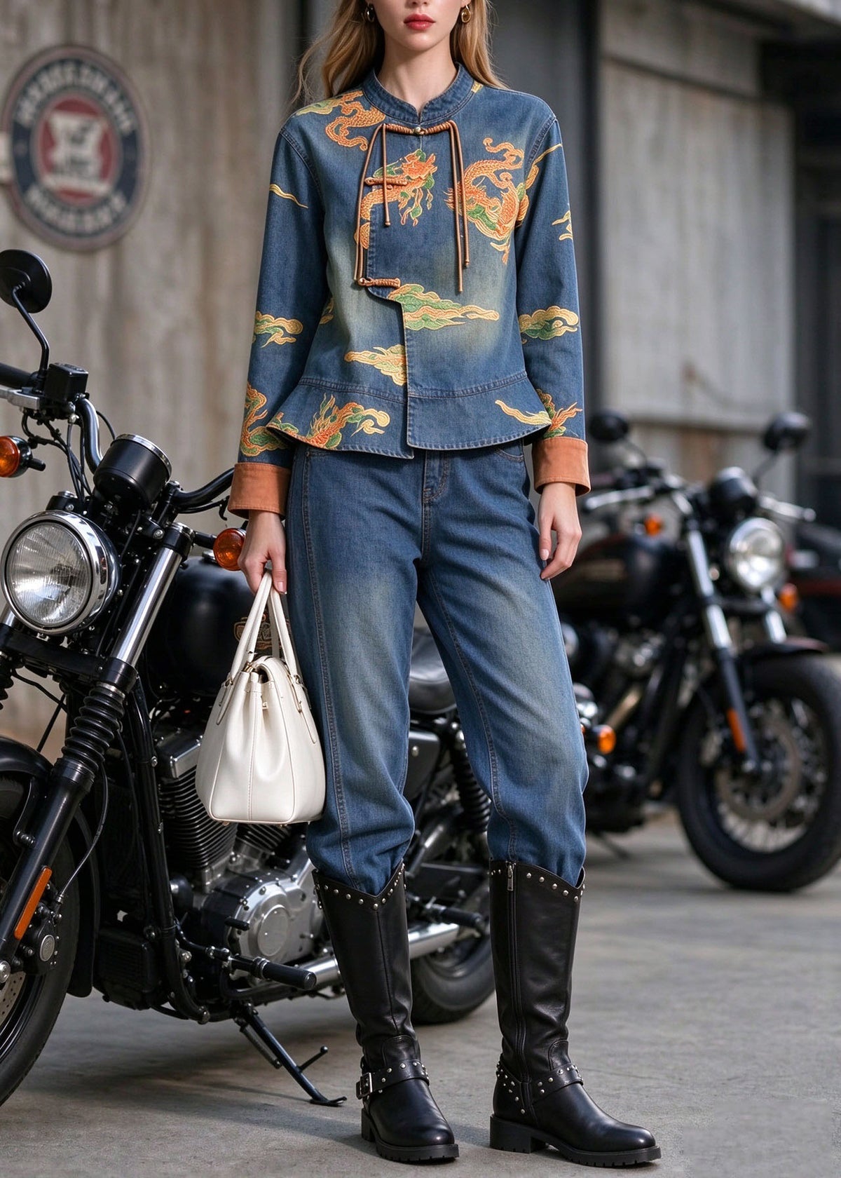 Chinese Style Stand Collar Tassel Print Denim Two Pieces Set Autumn