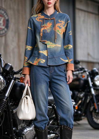 Chinese Style Stand Collar Tassel Print Denim Two Pieces Set Autumn