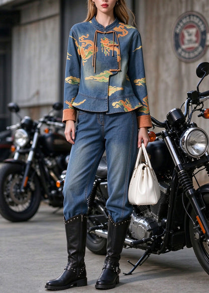 Chinese Style Stand Collar Tassel Print Denim Two Pieces Set Autumn