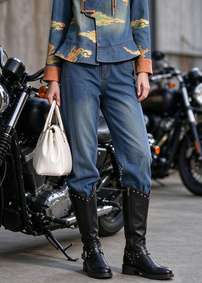 Chinese Style Stand Collar Tassel Print Denim Two Pieces Set Autumn