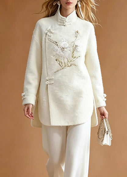 Chinese Style White Embroidered Button Side Open Shirts And Straight Pants Two Pieces Set Long Sleeve
